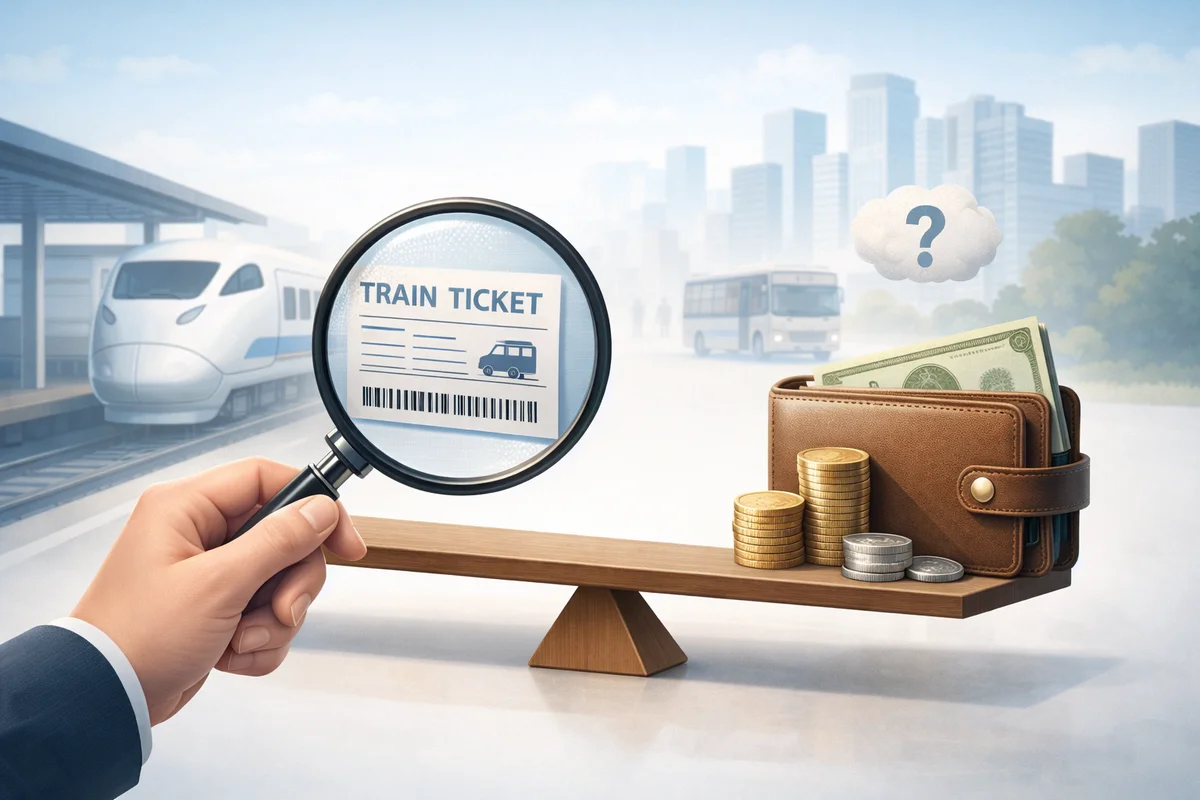 手前の拡大鏡越しに切符が見え、奥に駅や街並みが淡く広がる中で財布と硬貨が置かれた構図。