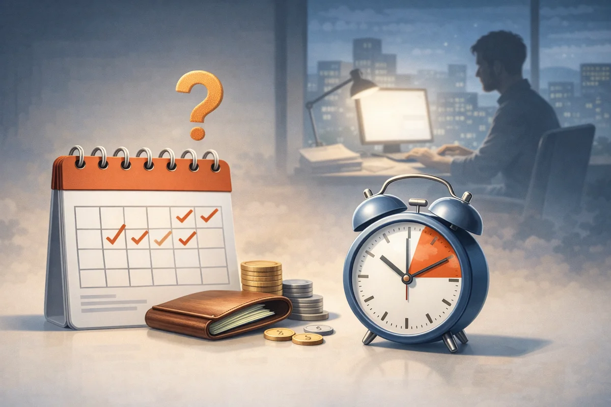 手前に時計と予定表、財布や硬貨が置かれ、奥の窓辺で机に向かう人物が淡く見える構図。