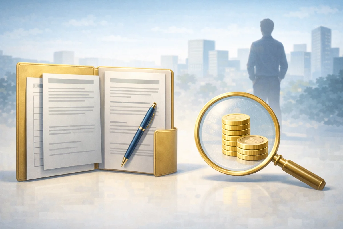 手前に書類フォルダと拡大鏡に映る硬貨が置かれ、奥に街並みと立つ人物が淡く広がる構図。