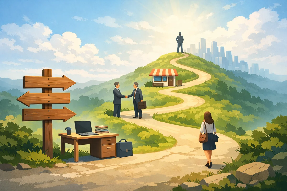丘へ続く曲がり道の手前に机や道しるべが置かれ、奥に街並みが淡く広がるキャリアの分岐を示す風景イラスト