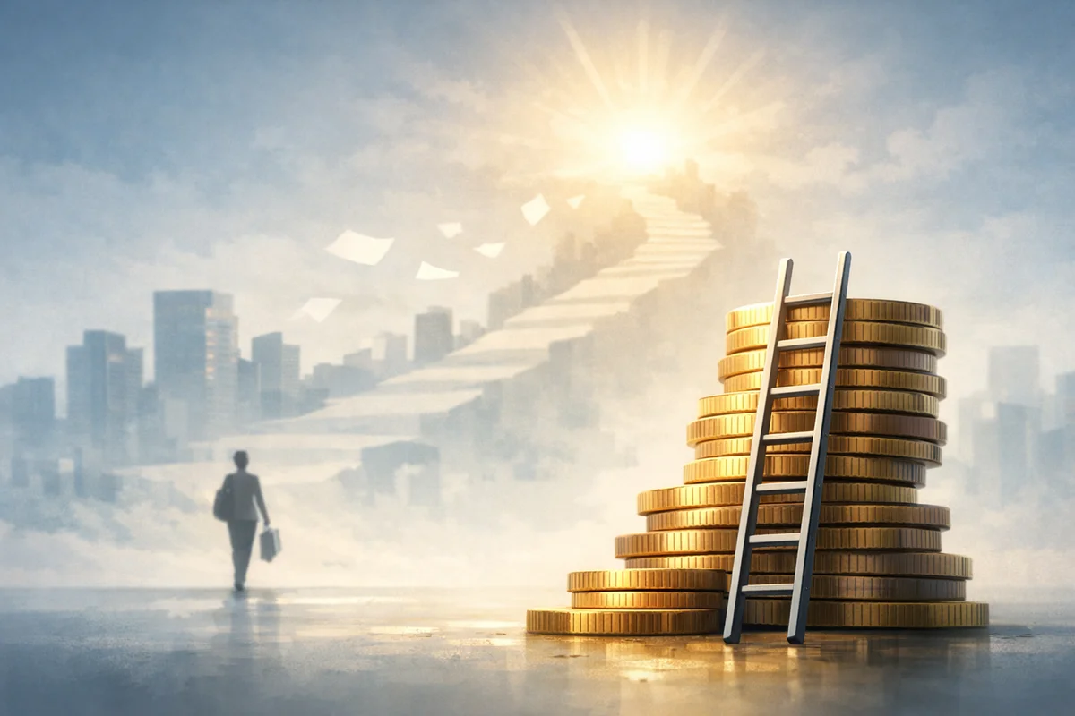 柔らかな光の中で奥へ続く道と重なるコインの階段が、静かな前進を感じさせる構図