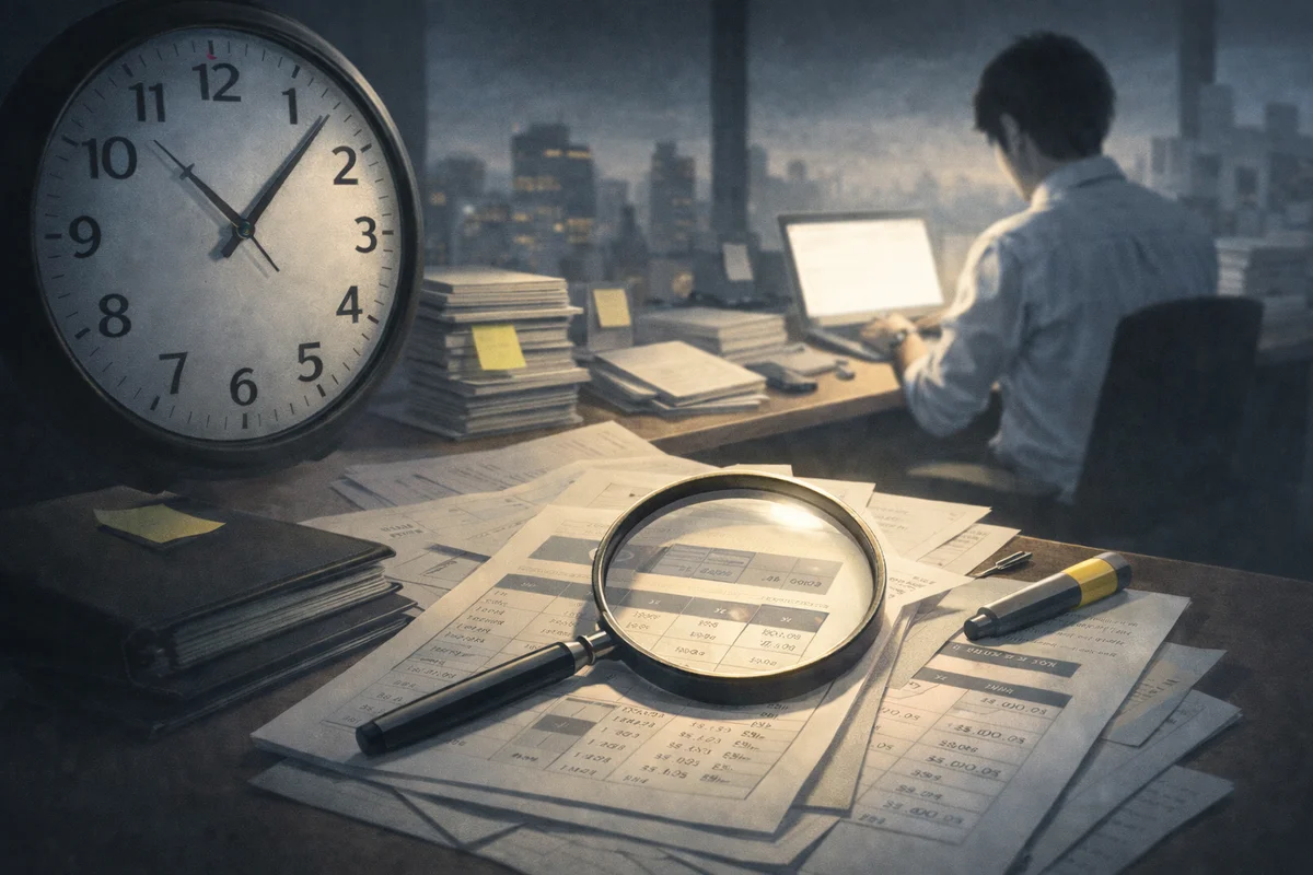 夜のオフィスで机上の書類と拡大鏡が手前に置かれ、奥で一人が作業する緊張感のある構図
