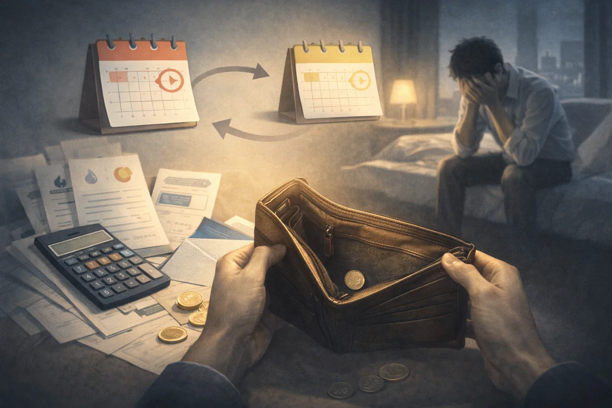 柔らかな光の差す室内で手前から奥へ整然と並ぶ封筒や小物が、時間の流れと待つ感覚を静かに示す構図