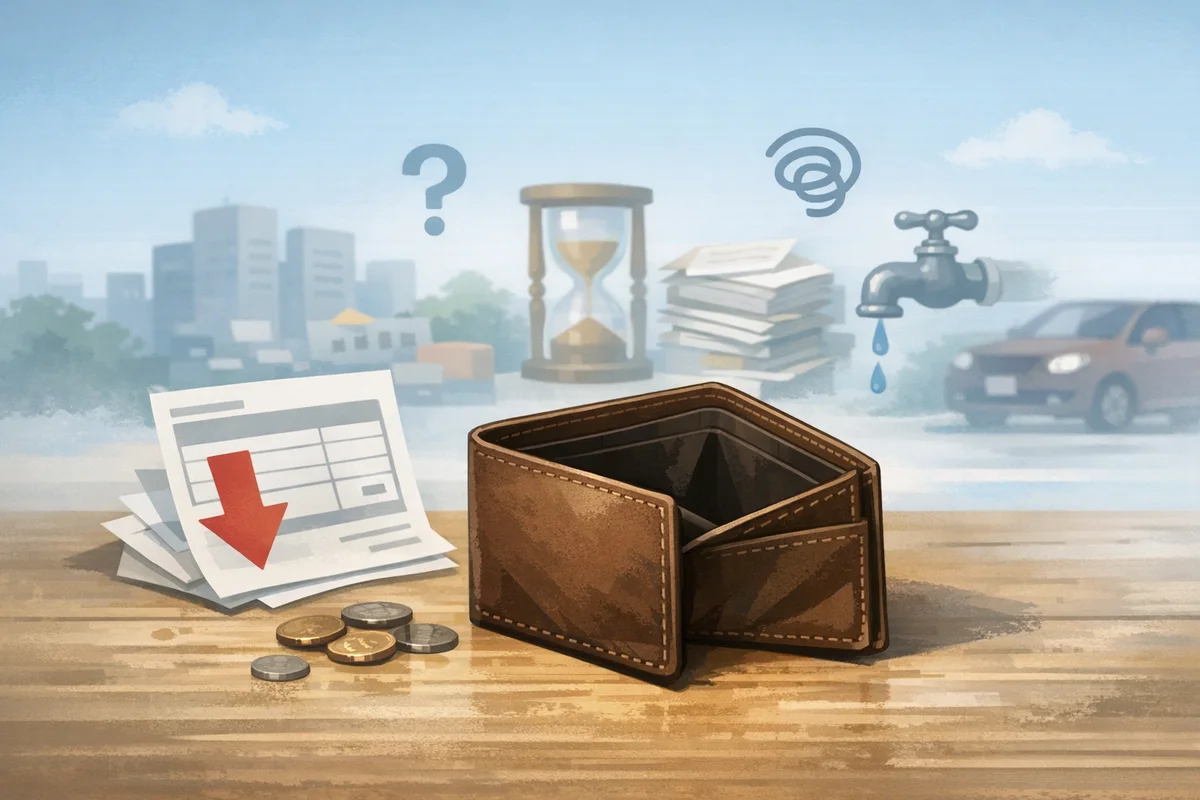 空の財布を手前に置き、奥に請求書や生活費の気配がにじむ静かな室内イラスト