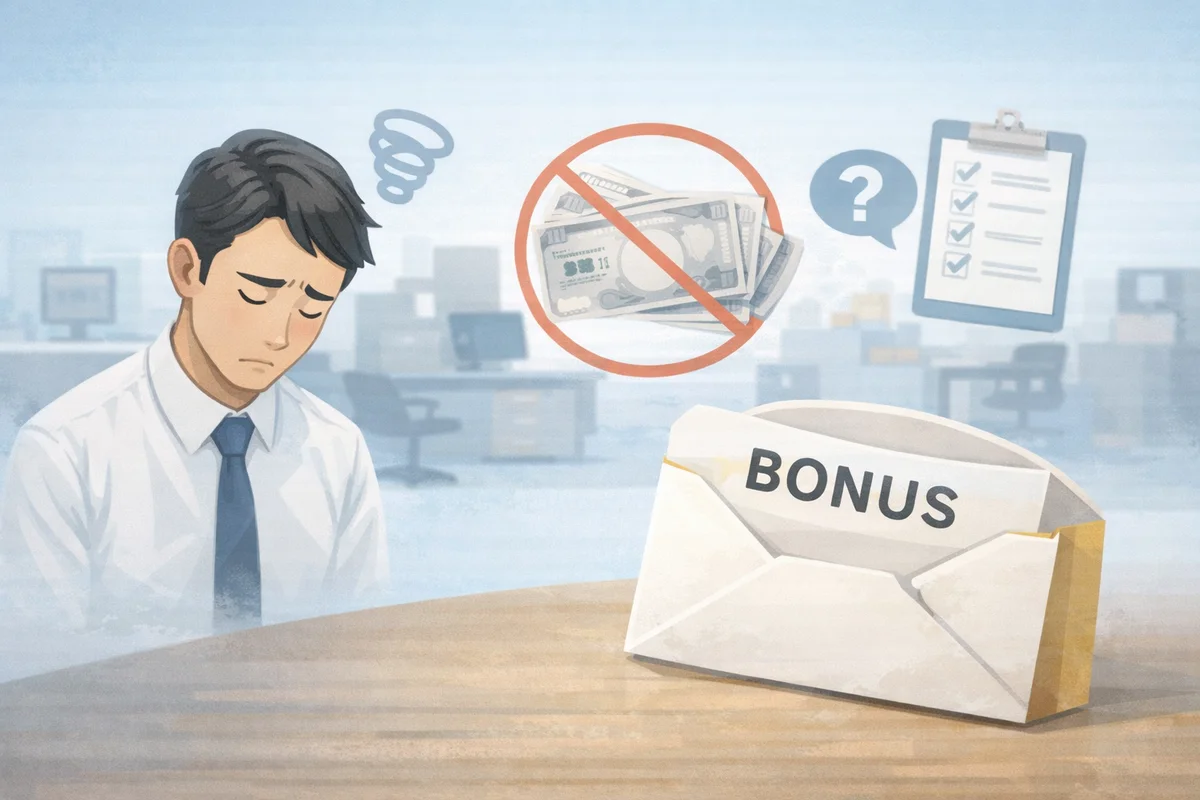 開いた封筒を手前に置き、奥に確認事項がぼんやり浮かぶオフィス風の静かなイラスト