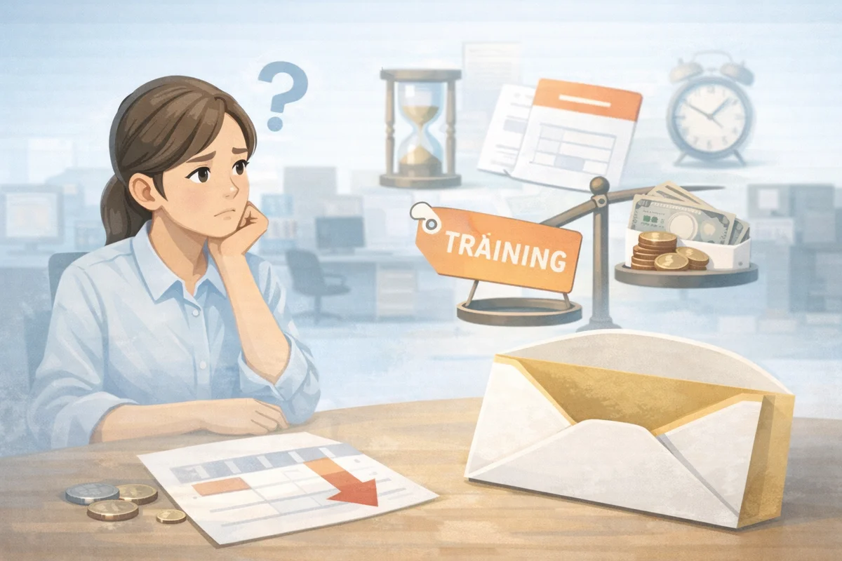 机上の書類と封筒の奥に研修札と時計が浮かぶ、確認前の戸惑いを描いた静かな職場イラスト