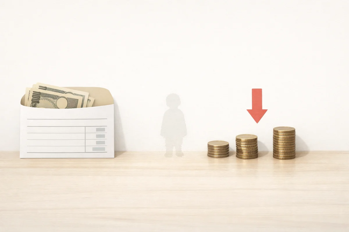 給与封筒と硬貨が静かに並び、余白の広い空間の奥で減額の流れを示すイラスト