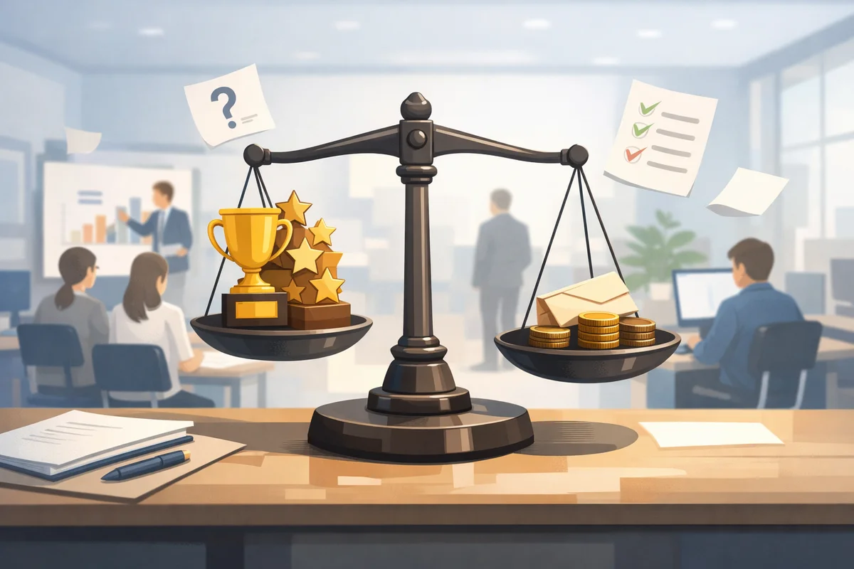 オフィスの机上に置かれた天秤と奥へ続く執務空間が、評価と給与のずれを静かに示すイラスト