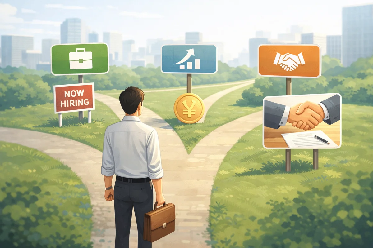 分かれ道の先へ続く明るい通路と小さな人物が、年収を上げるための現実的な選択肢を示すイラスト