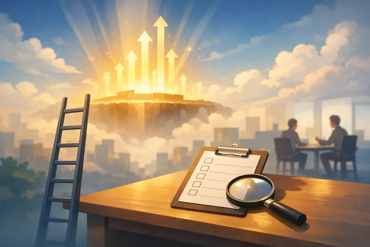 光に向かう梯子と手前のチェック表が、昇給確認への視線と奥行きを静かに示す職場風景