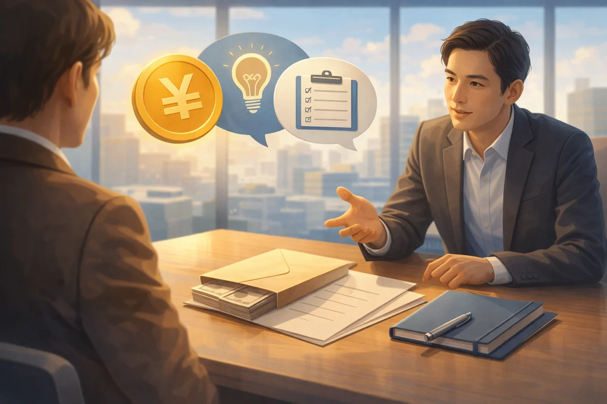 手前の資料と奥の対話空間がつながり、更新時の賃金交渉に向けた準備と現実感を映す場面