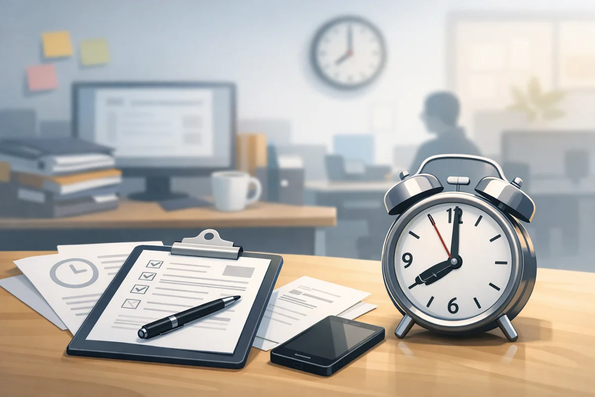 手前の目覚まし時計と書類越しに、奥のオフィス空間が静かに広がるイラスト