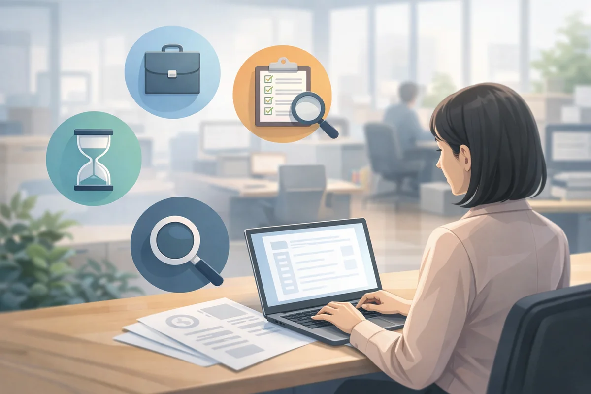 右手前でノートPCに向かう女性の奥に、やわらかなオフィス空間が広がるイラスト