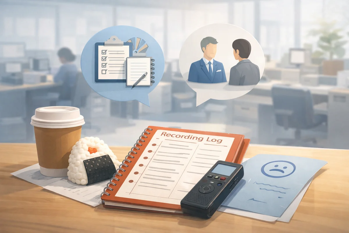 手前の机に置かれたおにぎりと記録ノートの先に、ぼんやりした職場空間が続くイラスト