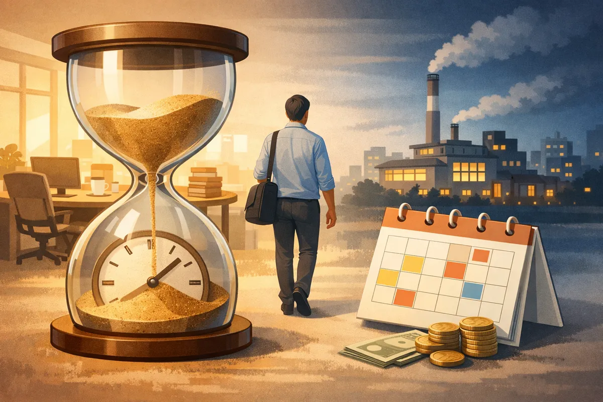 大きな砂時計とカレンダーが手前に置かれ、奥へ歩く人物の先に職場と街並みが広がる横長イラスト