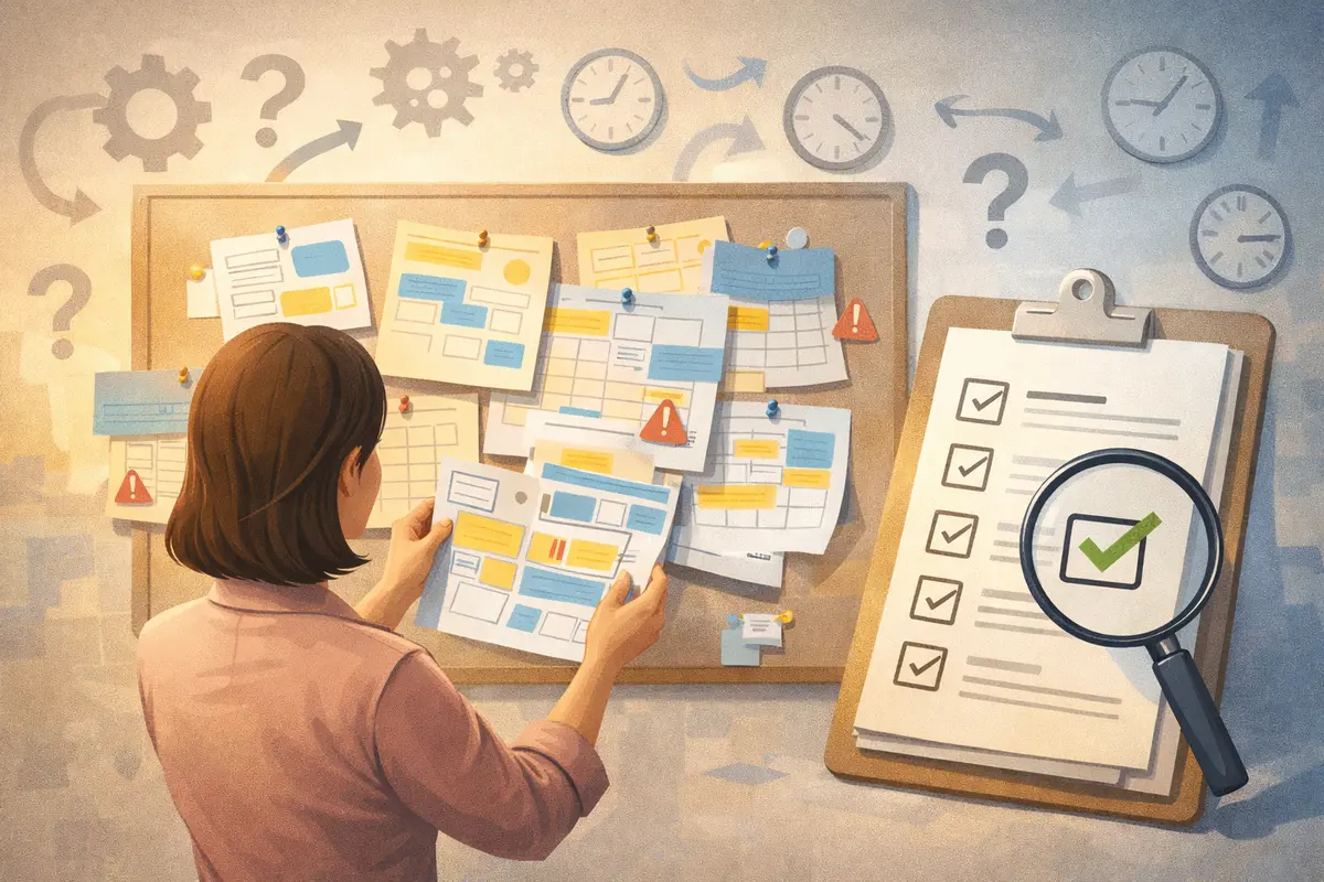 掲示板に重なる勤務表を確認する人物と、手前のチェック表が広がる奥行きある横長イラスト