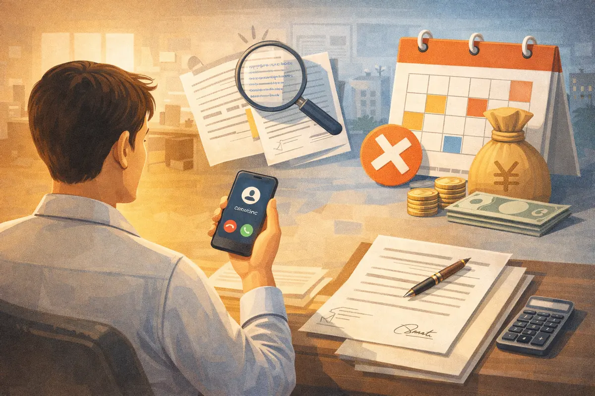 机上の契約書と電卓の前で電話を受ける人物の奥に、勤務予定表と手当を示す要素が並ぶ横長イラスト