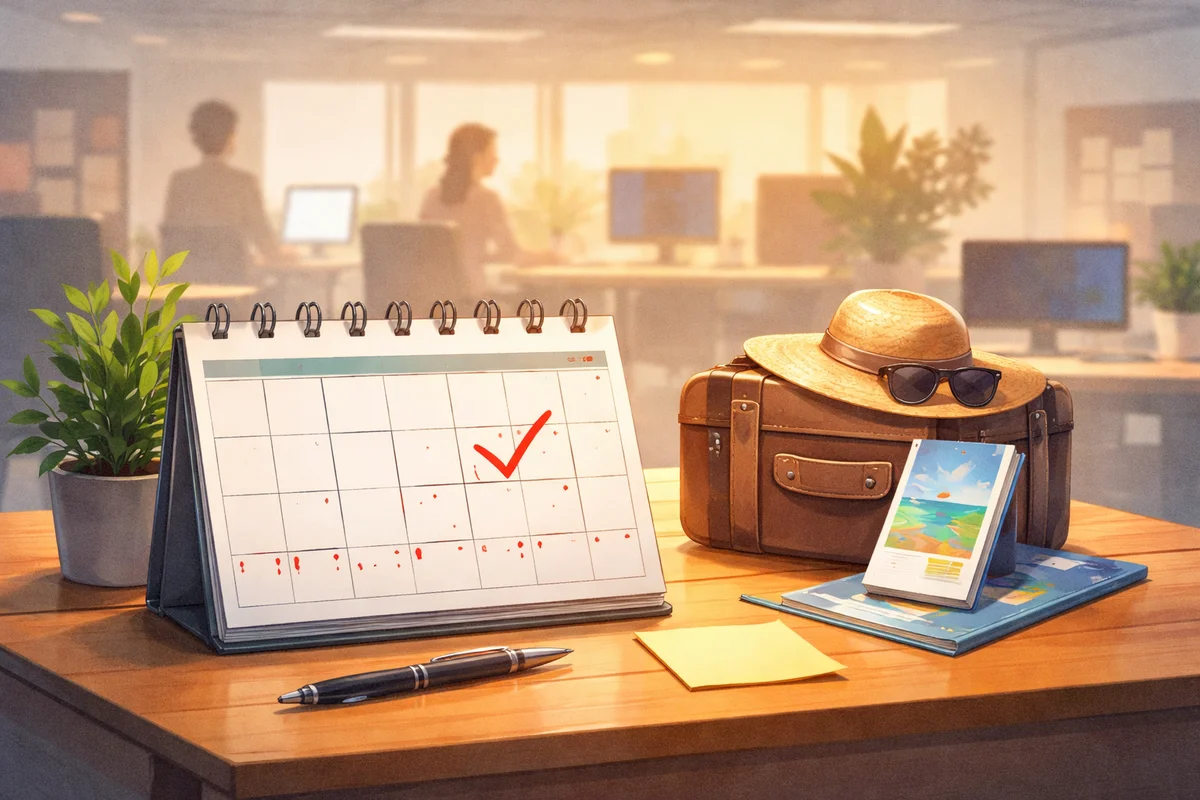 机上の卓上カレンダーと旅行かばんが手前に置かれ、明るいオフィスの奥へ視線が抜ける休暇準備を思わせる構図
