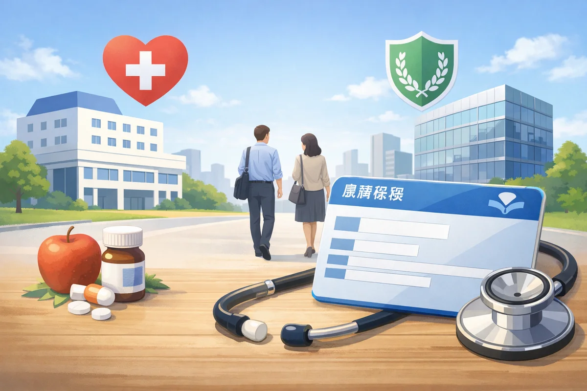 手前の健康保険証と聴診器の奥に、街並みへ続く通路が広がる静かで明るい空間のイラスト