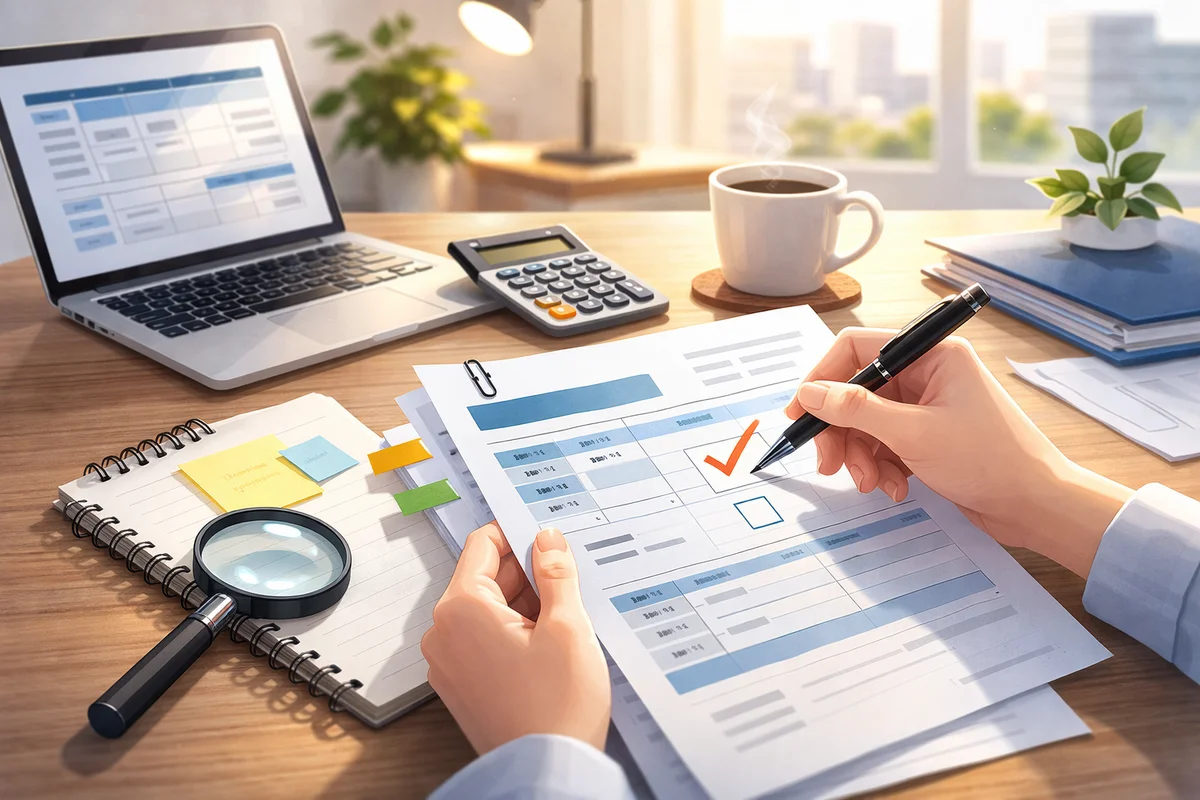 手前の給与明細を拡大鏡で確認する手元の奥に、机上のノートやノートPCが並ぶ明るい職場風景のイラスト