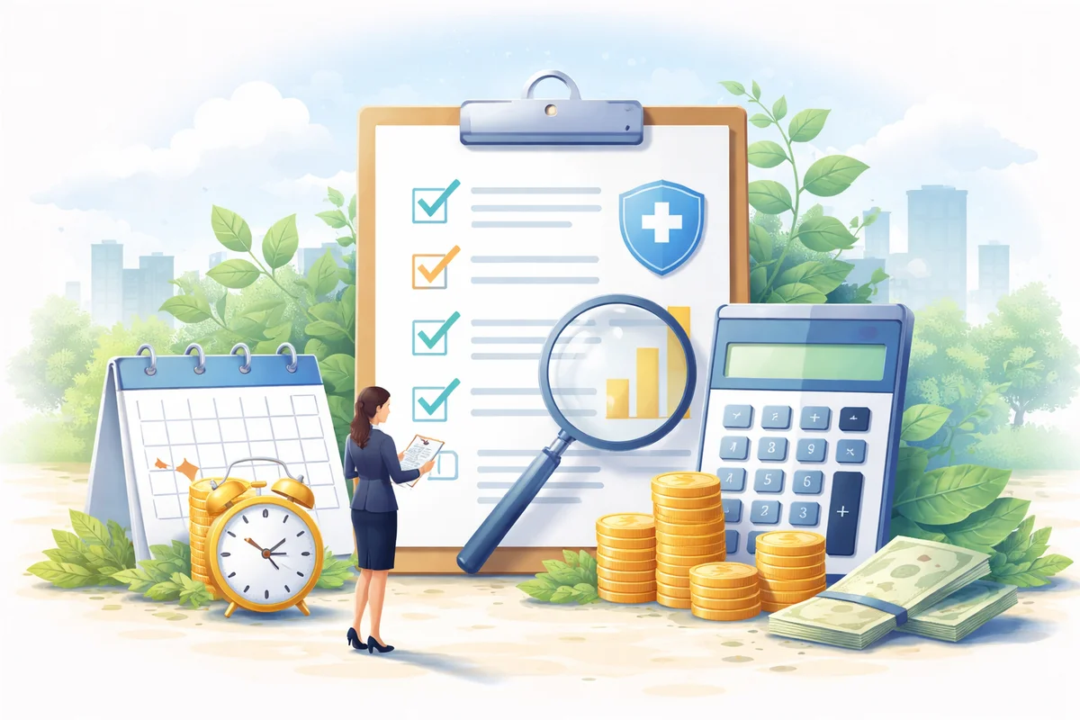 大きなチェックボードを中心に、硬貨や電卓が前後に置かれた奥行きのある社会保険確認イラスト