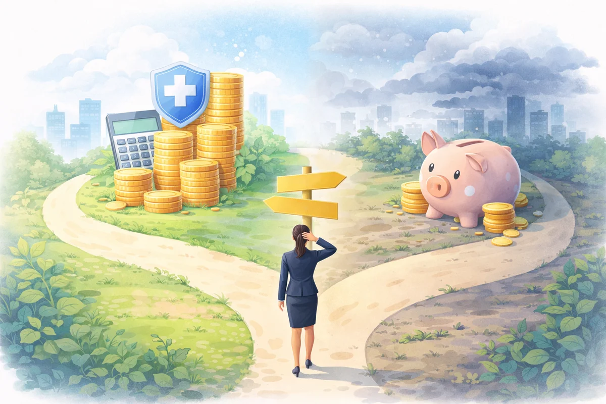 分かれ道の先に硬貨や盾、貯金箱が遠近で置かれた奥行きある収入と保障のイラスト