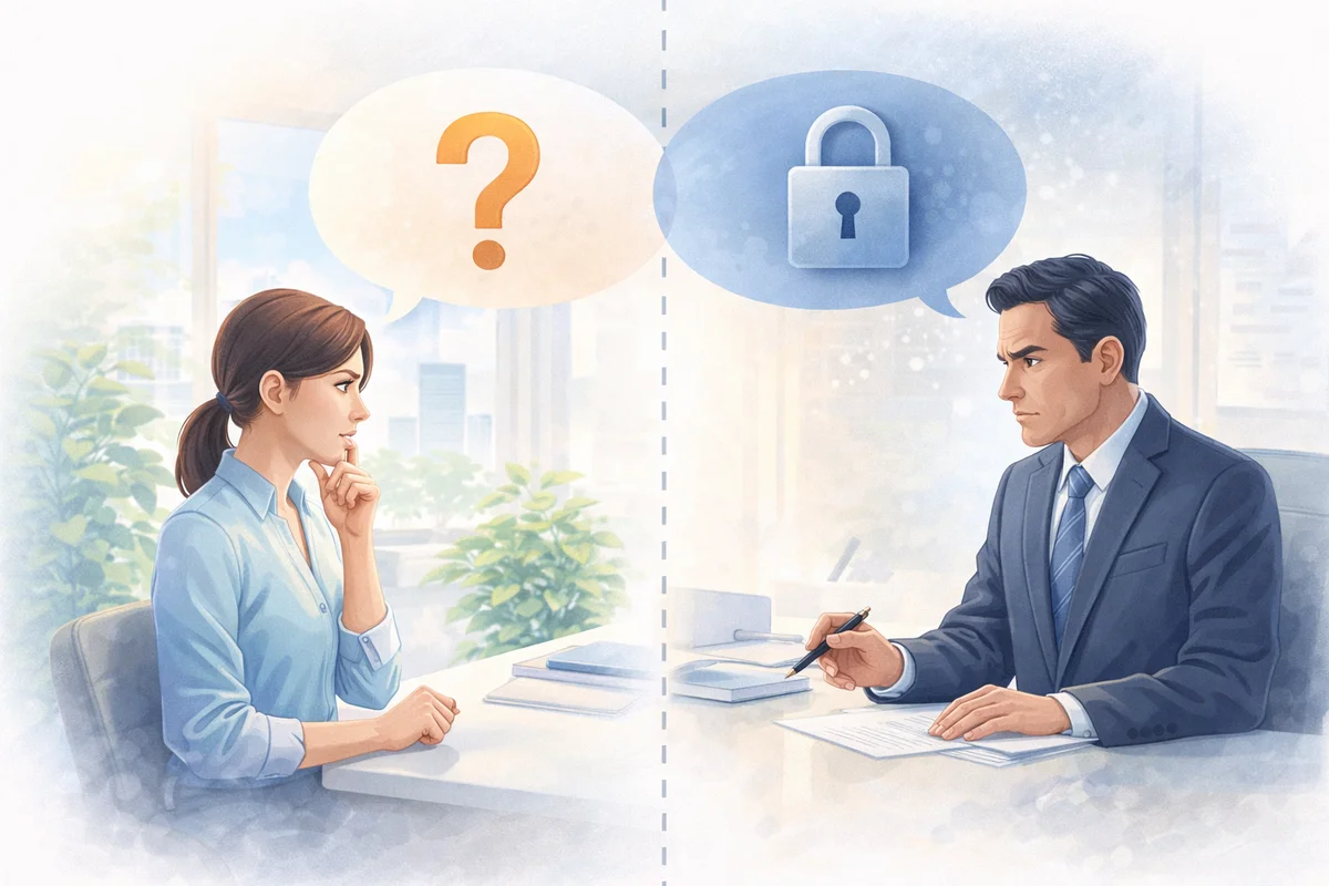 向かい合う男女の間に鍵と疑問の象徴が浮かび、奥へ机と窓辺が続く静かな相談場面のイラスト