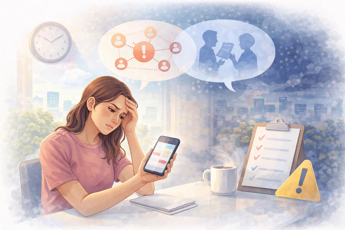 机でスマホの予定を見つめる女性の前後に書類や注意表示が置かれた奥行きあるシフト確認イラスト