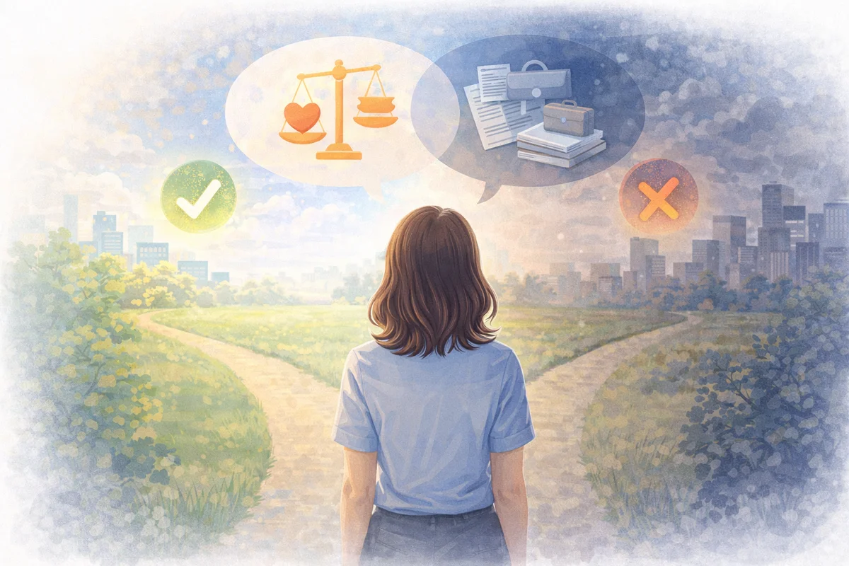 分かれ道の先に明るい草地と重い街並みが広がり、女性が奥行きの中で判断を考えるイラスト