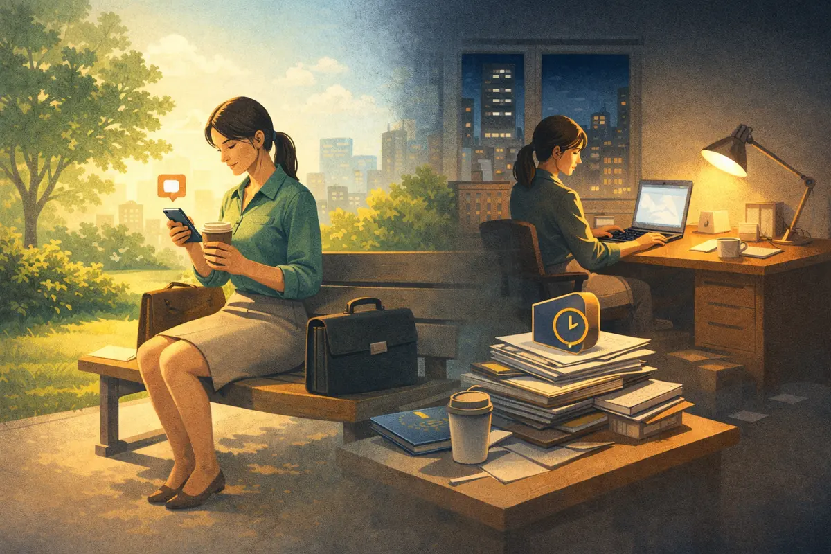 休日の公園でスマホを確認する女性と、奥に続く室内の作業空間がゆるやかにつながる情景