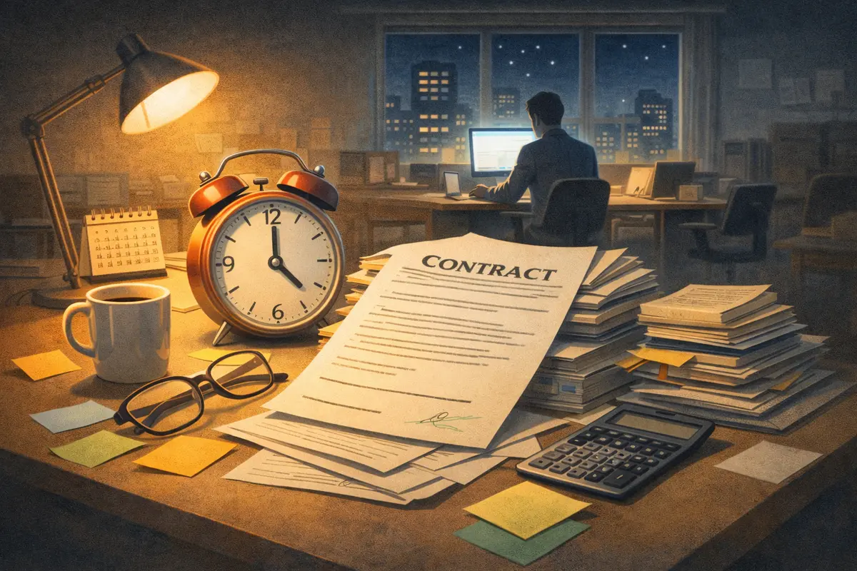 書類が積まれた机の手前に契約書と時計が置かれ、奥で夜まで働く人影が見えるオフィス風景