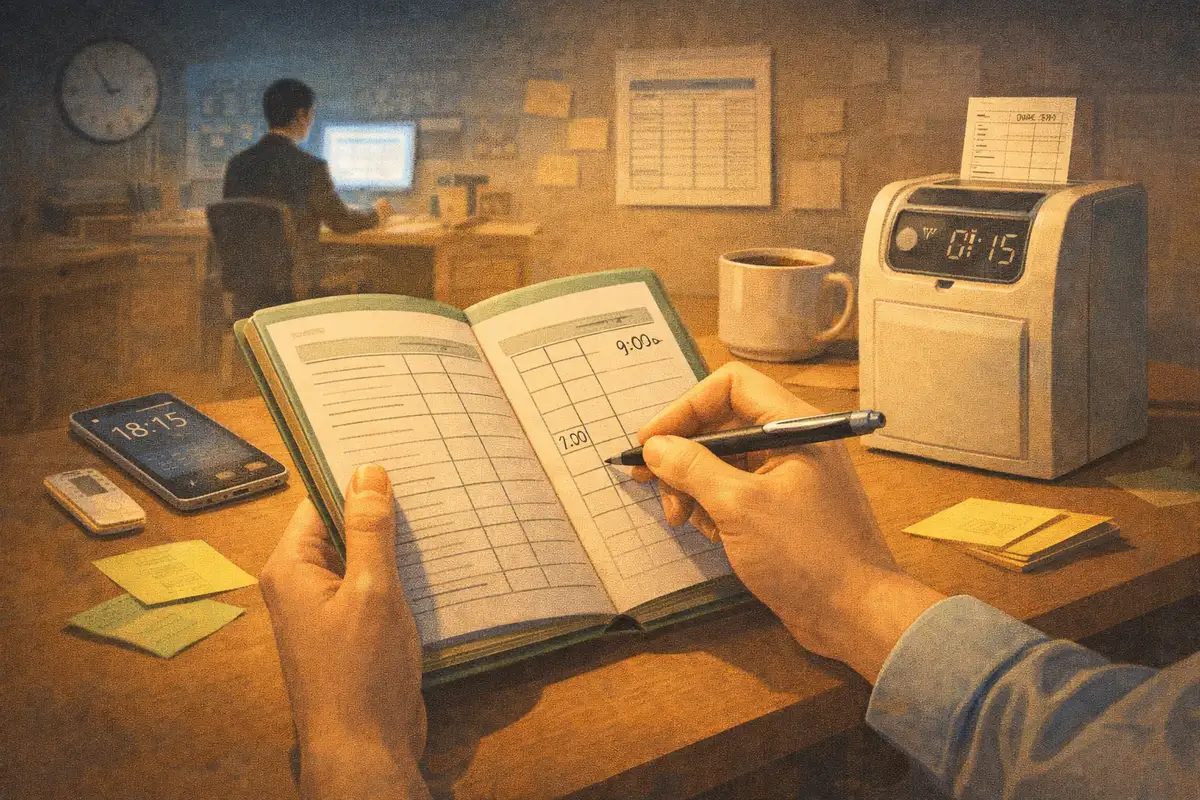 手前で手帳に勤怠を記録する手元が大きく描かれ、奥に勤務空間がぼんやり続く静かな室内風景