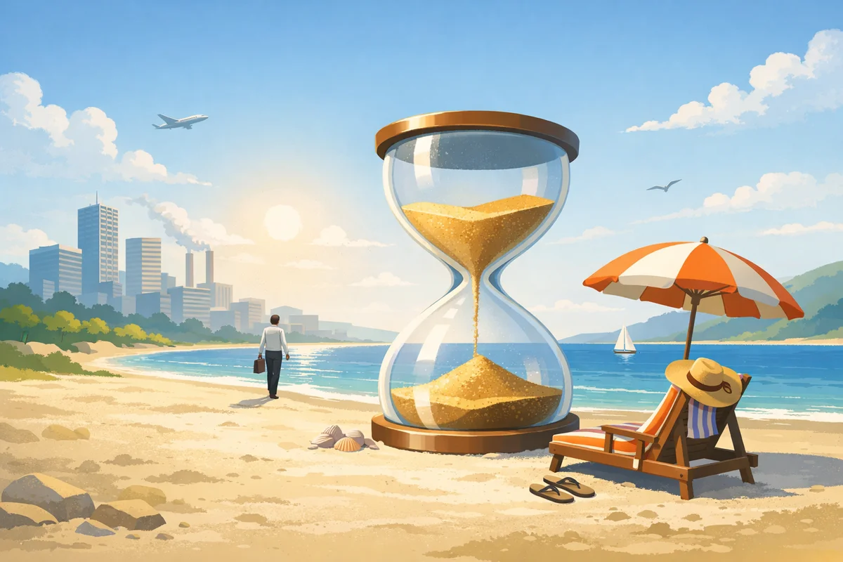 砂浜に置かれた大きな砂時計を中心に、奥へ海岸線と街並みが広がる明るい海辺の風景