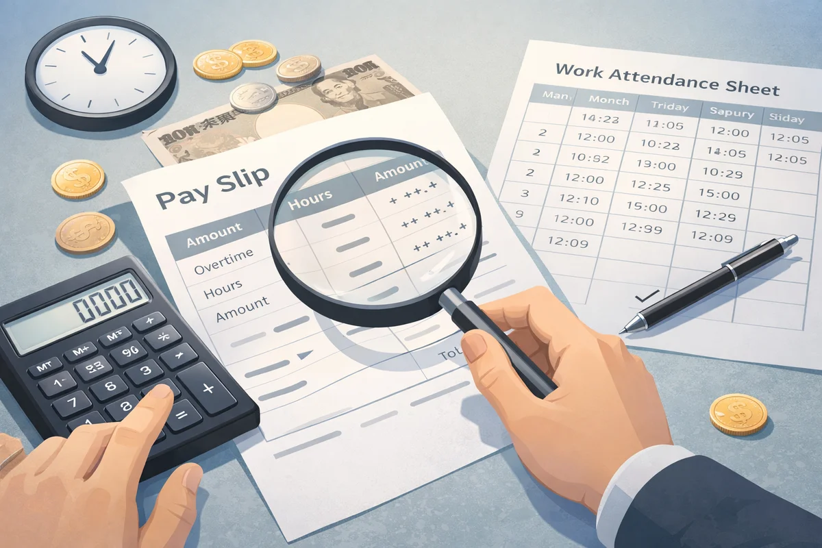 卓上の明細と勤怠表、虫眼鏡と電卓が置かれた明るい作業空間を手元から捉えたイラスト