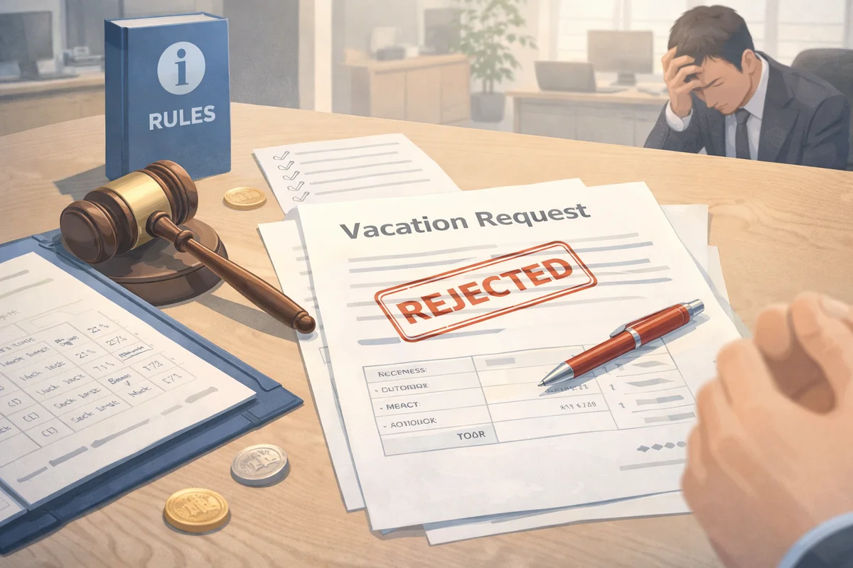 机上の申請書類と木槌、奥にぼやけた執務室が続く中で、手前に却下された休暇申請書が置かれた構図