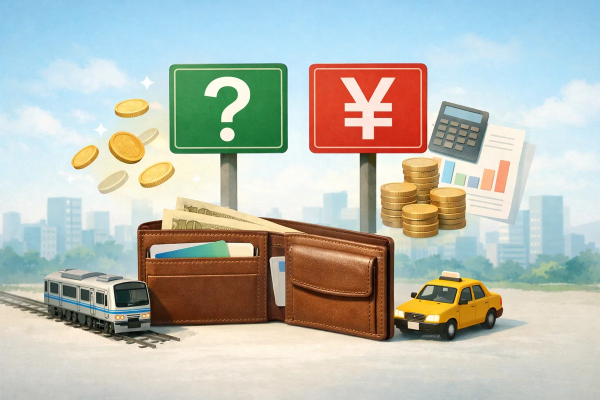 財布と交通系カードを手前に置き、奥行きのある街並みと乗り物が広がる静かな金銭管理の情景
