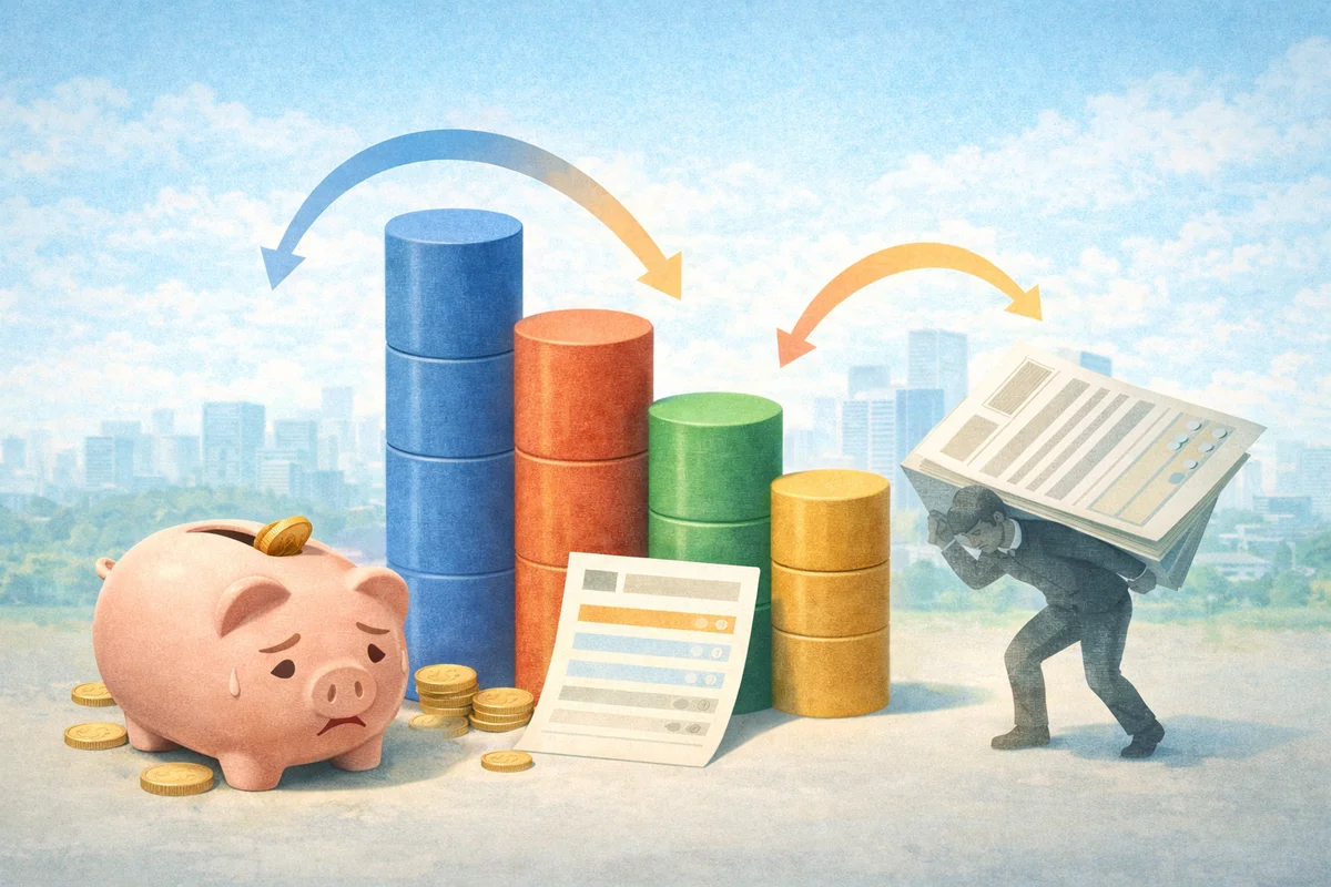 手前の貯金箱と積み上がる円柱の奥に、広い空間を隔てて書類を抱える人物が立つ手取り減少を思わせる情景