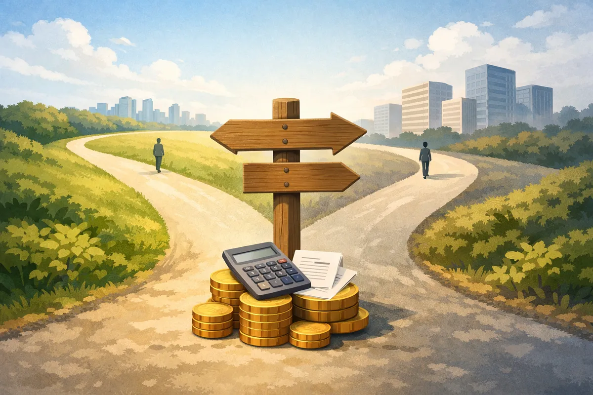 分かれ道に立つ木製標識と硬貨の山、左右に道が伸びて奥へ街並みが続く明るい風景のイラスト