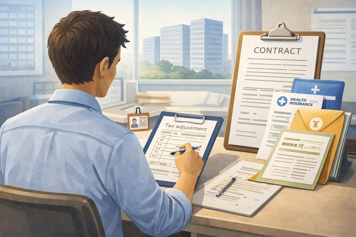 書類を前に机へ向かう人物の背中と、窓奥にビル群が広がる静かな明るいオフィス風景