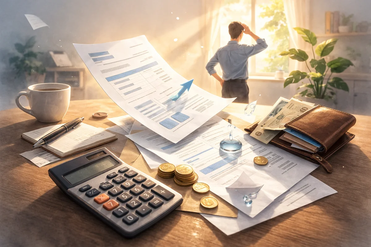 書類と電卓が広がる明るい机の上で、奥に植物が置かれた家計確認の静かな作業空間が見える