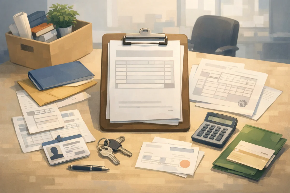 退職後の机に書類や封筒、社員証や鍵が静かに並ぶ、整理途中の明るく奥行きあるデスク風景