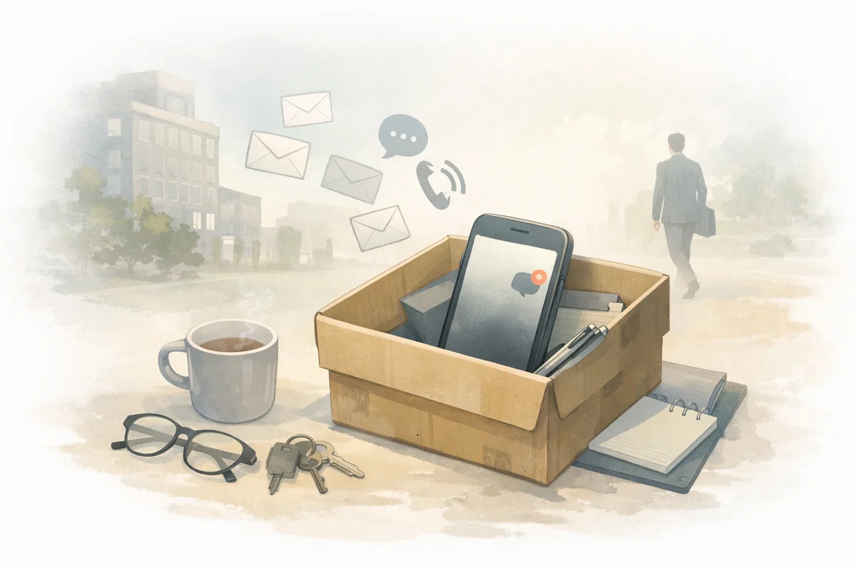 私物箱のスマホに遠くから連絡の気配が重なる、退職後の距離感を静かに描いた奥行きのある空間