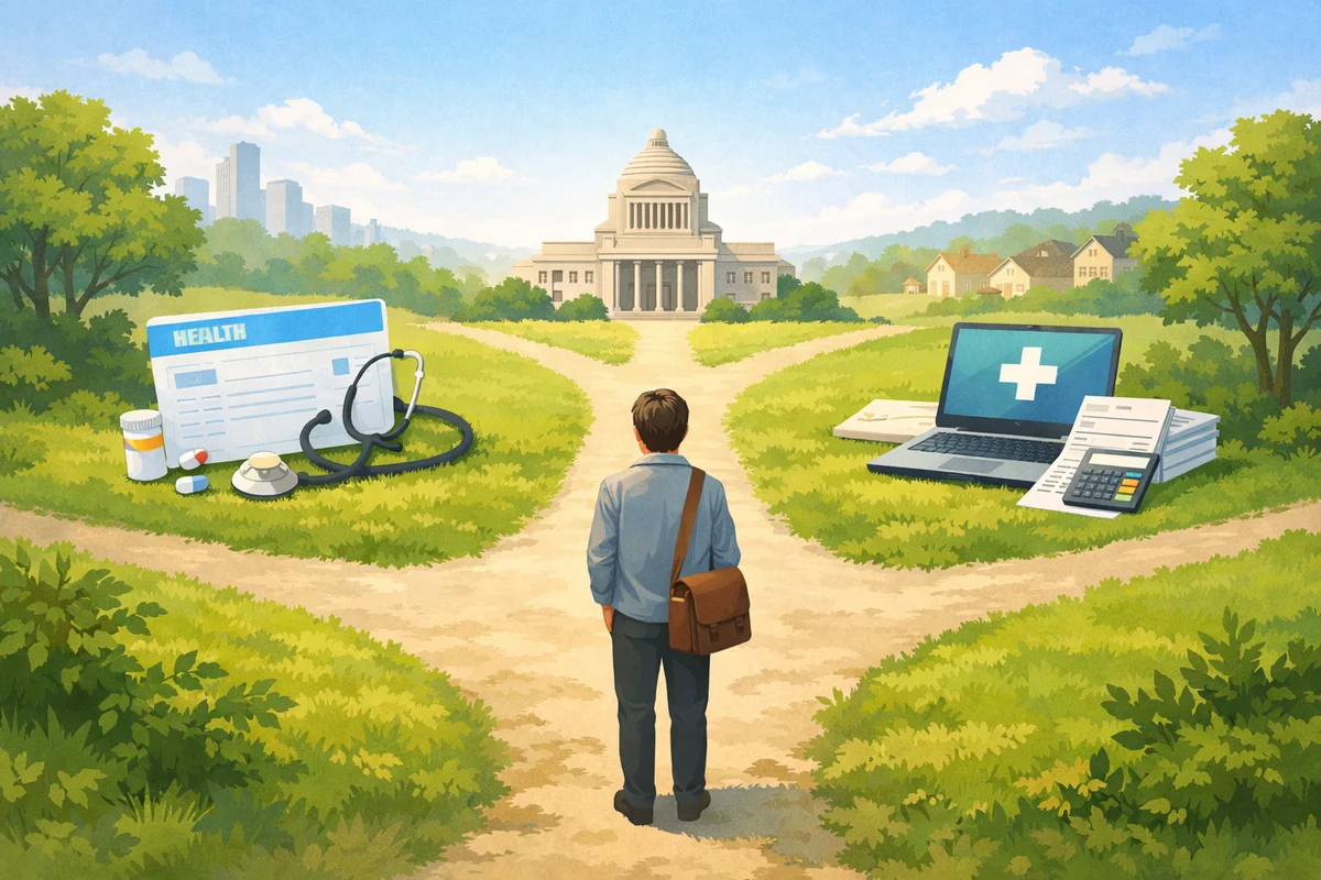 草地の分岐路に立つ人物の先へ、保険証や端末が離れて置かれた奥行きのある案内風イラスト