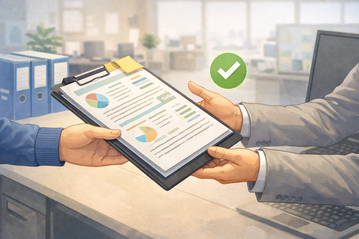 オフィスの机越しに書類を受け渡す手元を中心に、奥の仕事空間へ視線が抜ける案内風イラスト