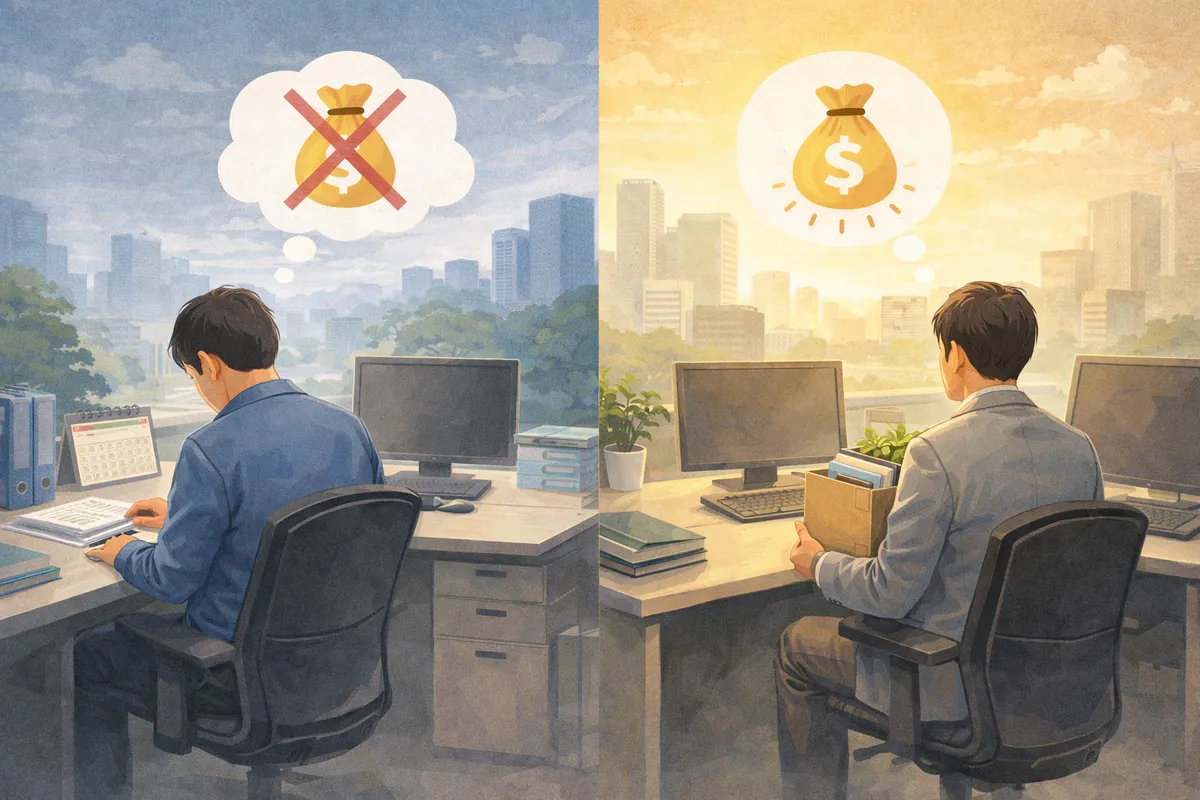 窓辺の職場で机に向かう人物と書類箱を抱える人物が並び、奥に街並みが広がるイラスト