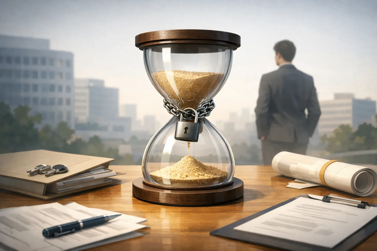 机上の砂時計と契約書類の奥に、街を望む小さな人物が立つ、奥行きのある静かなオフィス空間