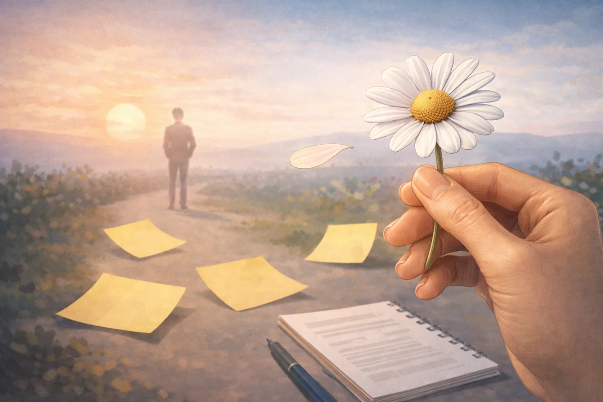 手前の手に持たれた白い花と舞う花びらの先に、小道の奥で小さな人物が立つ広がりのある風景