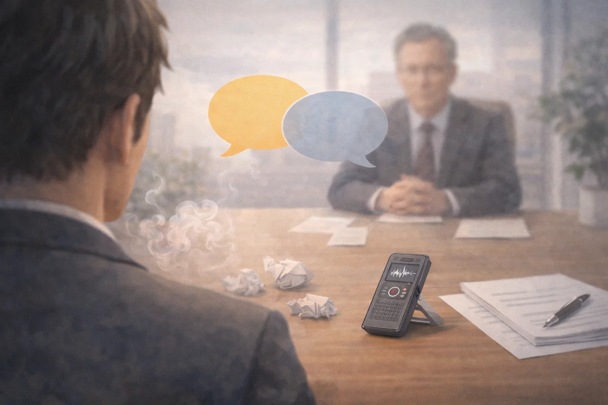 手前の録音機と書類が置かれた机越しに、奥で向かい合う二人がぼやけて見える静かな面談室の空間