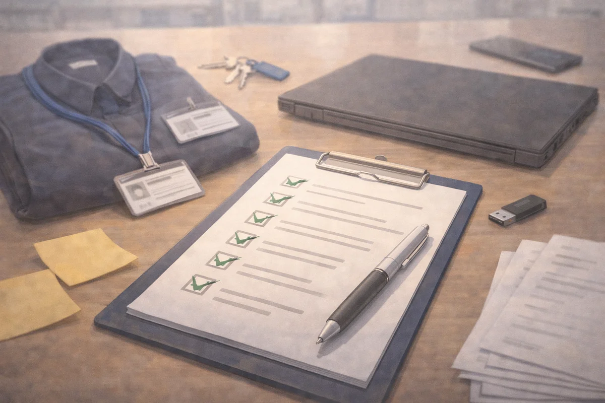 机上のクリップボードとノートPC、IDカードや制服が整然と並ぶ返却準備のある空間