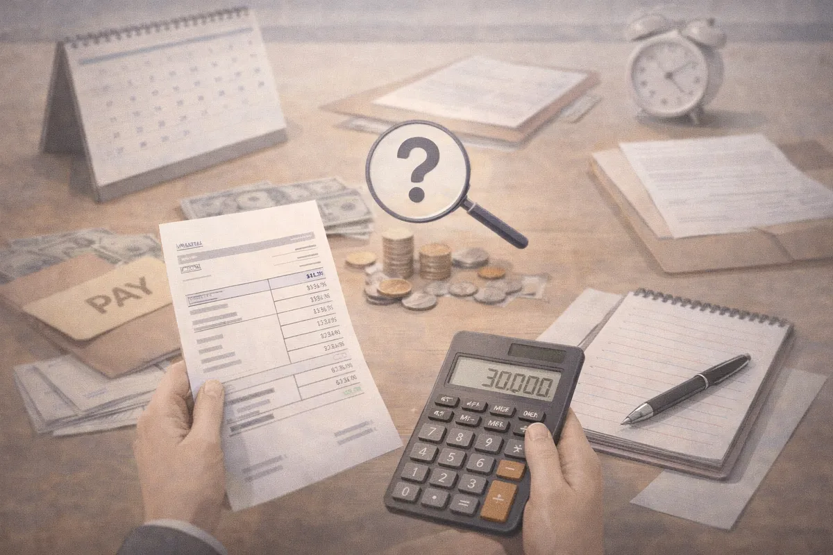 給与明細と電卓を手に確認する手元の奥に、書類や硬貨が静かに広がる机上の空間